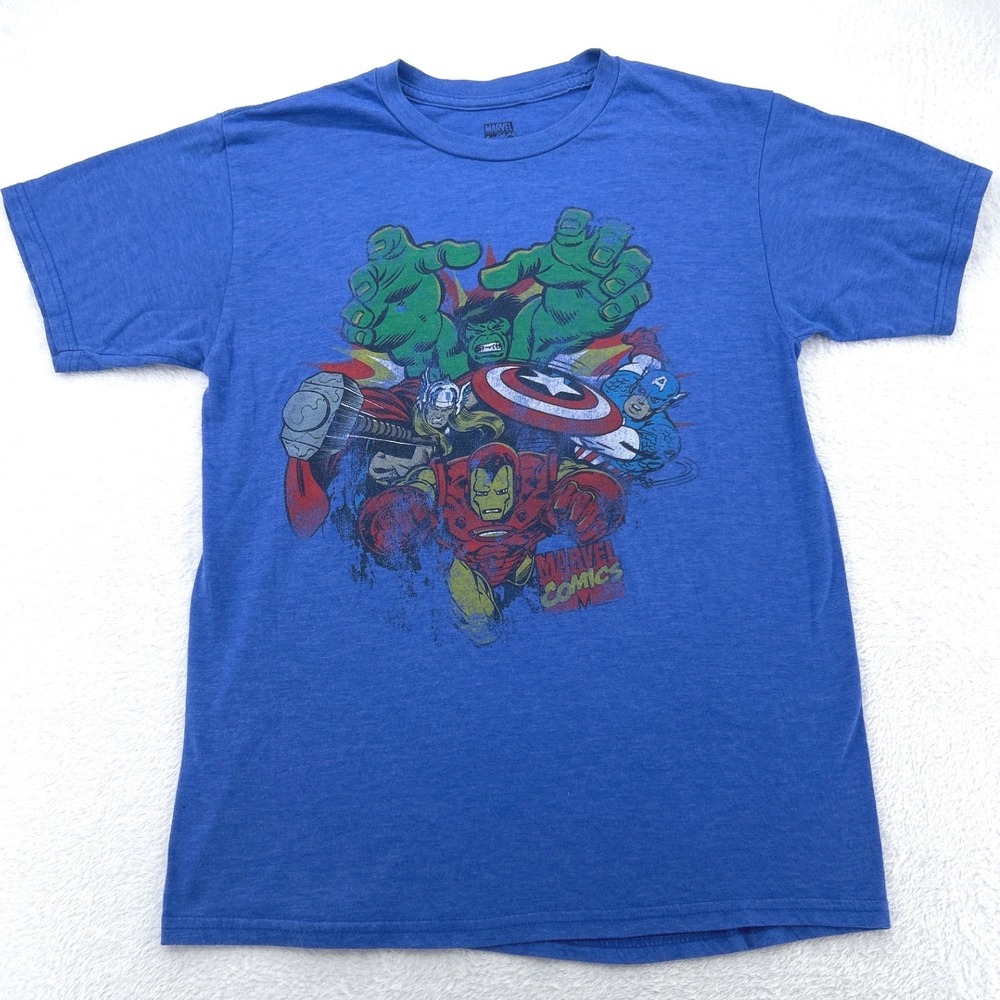 Marvel Avengers Mens Graphic T-Shirt Med Blue Hulk Iron Man Thor Captain America